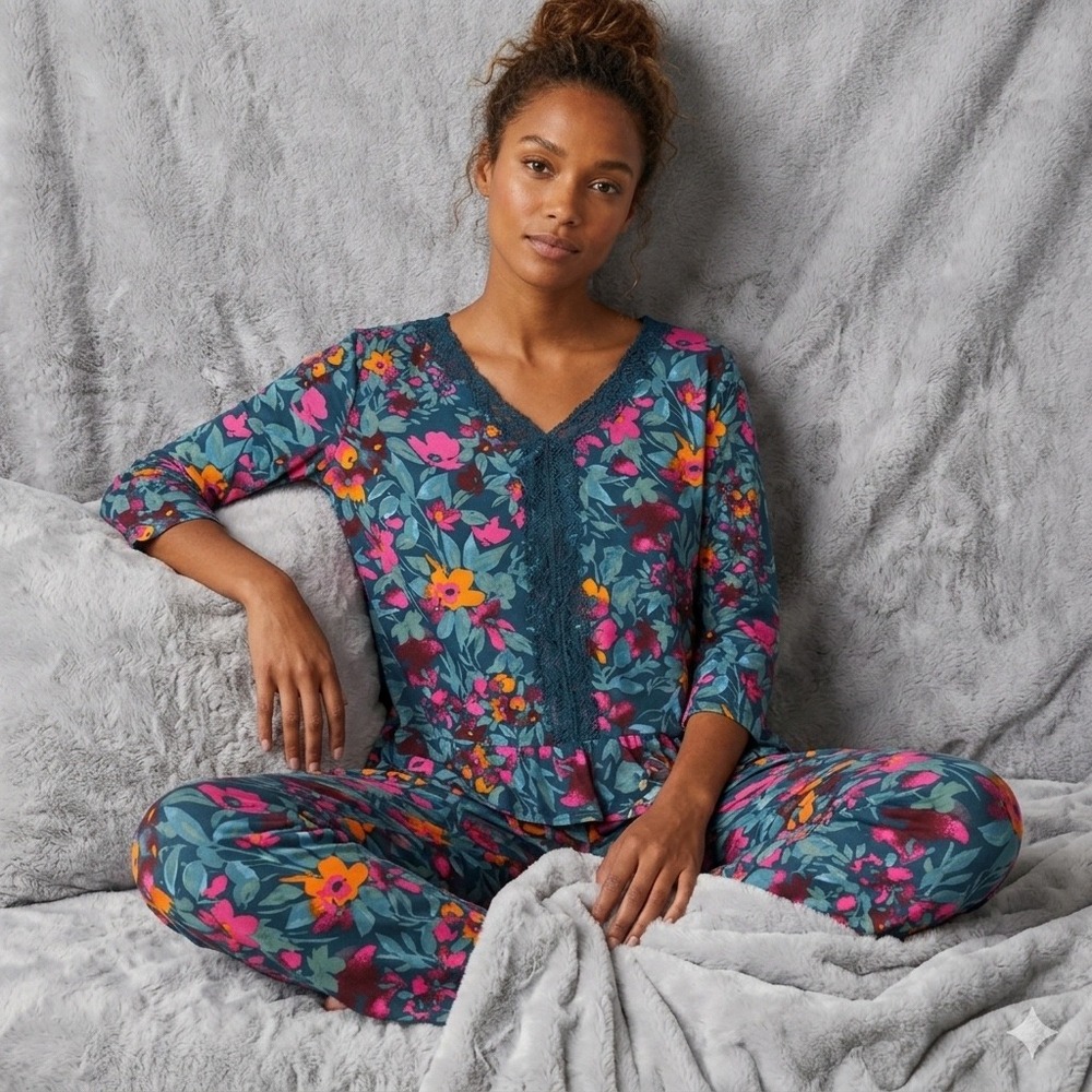 The Pioneer Woman Womens Size 2X Green Floral Pajama Set 2 Piece Lace Trim Sleep